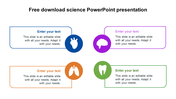 Science themed layout featuring four text boxes in blue, purple, orange, and green, with circular icons.