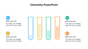 Flat design chemistry layout with four colored test tubes in blue, yellow, green, and orange, linked to text sections. 
