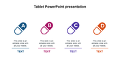 Four pill shaped icons in blue, pink, purple, and orange arranged horizontally with space for text below.