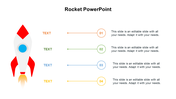 Rocket illustration on the left with four horizontal lines pointing to colorful step numbers and text boxes on the right.