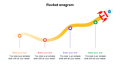 A rocket-shaped line graph with four marker with each marker having a colored circle and placeholder text boxes. 