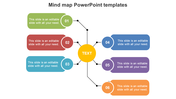 Colorful mind map PPT slide with six sections connected to a central yellow node with placeholder text on a white backdrop.
