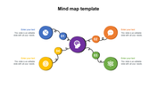 Colorful mind map PPT template with four nodes connected to a central brain icon with placeholder text on a white backdrop.