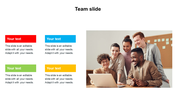 Team collaboration image on the right and four colored boxes labeled with text on the left side of the slide.