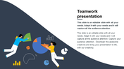 Teamwork slide with two floating characters assembling charts and graphs on a curved dark blue and white background.