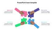 Team slide with four diverse hands holding interlocking puzzle pieces in center, each linked to a colored text area.