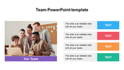 Slide layout featuring a smiling team image on the left and four stacked gray content boxes with colorful label on the right.