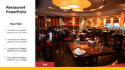 Elegant restaurant interior with warm lighting on the right and a text section on the white left panel.