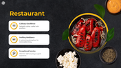 Restaurant slide showcasing grilled red peppers with onions, alongside three text sections emphasizing dining quality.