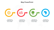 Four circular arrows in yellow, red, green, and blue, each containing travel icons, on a dotted world map backdrop.