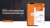 Mobile banking app mockup on a smartphone screen with orange and white UI elements, including a credit card.