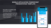 Mobile app template featuring a blue banking UI mockup on a smartphone with editable form fields and credit card display.