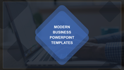 Business themed title slide featuring a geometric blue design over a laptop workspace in a layered blue diamond shape.