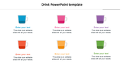 Drink themed slide displaying six cups in different colors, each labeled with supporting text beneath.