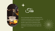 Split layout with oval image of tea being poured into a cup and green background on right with white text and star icons.