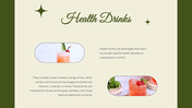Cream layout with two rounded rectangle drink photos, flanked by text with green border and star icons.