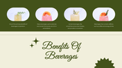 Four oval drink photos in a row on green background, in pastel shades with garnishes, above a cream section with a title.