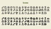 Two sets of black icons on beige background, with outlined on top and filled on bottom, under a green title.