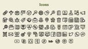 Grid of outlined black business and social media icons on beige background with centered green title at the top.