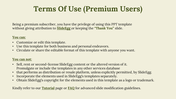 Beige slide with green header, two sections listing premium users terms followed by a footer note linking tutorials and FAQs.