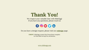 Beige thank you slide with green bold heading, social media icons centered, and credit note at bottom with website link.