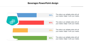 Beverages PowerPoint design slide with colorful bar graphs showing percentage data along with an illustration of a glass.