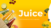 Gradient yellow background with juice bottles emerging from bag, surrounded by fruits like lime, kiwi, and berries.