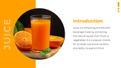 Orange left panel with circular photo of orange juice in glass and sliced fruit with bold title and text on the right.