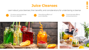 Orange title and three captions at top and bottom shows vibrant juice jars with fruits and a hand straining juice into glass.