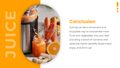 Orange and white split layout with curved photo of juicer, carrots, and juice jar in rounded frame and text on right.