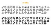 Collection of matching outlined and filled icons in two sections, showcasing office related shapes, under orange title.