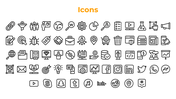 Multiple rows of line style icons for marketing, data, and media above a row of social media logos, under an orange title.