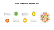 Food-themed slide with icons of tomato, lettuce, kiwi, avocado, and a bowl of salad on a horizontal line.