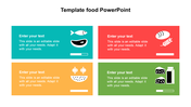 PowerPoint template featuring four colorful sections with food illustrations fish, bread, onions, and cake with text.