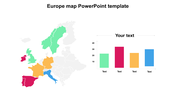 Europe map with eight countries in distinct colors on the left and matching four-bar chart with placeholders on the right.