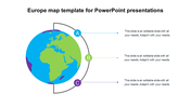 Europe map PowerPoint template with a globe connected to three sections and text areas on a white backdrop.