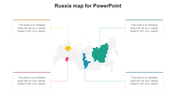 Russia map showcasing four colored regions in yellow, teal, blue, and pink,with corresponding text boxes linked by lines.