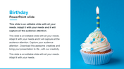 PowerPoint slide with a birthday theme featuring a cupcake with a lit candle and colorful decorations.