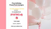 Birthday invitation slide with a hand holding the pink and white balloons and a text section on the left with a cake icon.