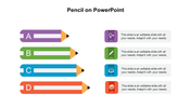 PowerPoint slide featuring four colorful pencils, each labeled with a different letter and corresponding icons and text.