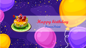 Birthday PPT slide with a decorated cake featuring a pony figurine, surrounded by colorful balloons on a violet backdrop.