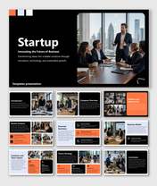 Startup PowerPoint template featuring business strategy, market analysis, financial planning, and growth roadmap.