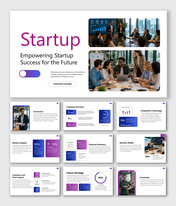 Startup presentation template featuring business growth, market analysis, financial planning, and team impact today.