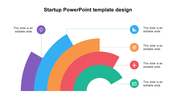 Radial startup diagram with five colorful arcs expanding outward, each labeled with icons and placeholder text.