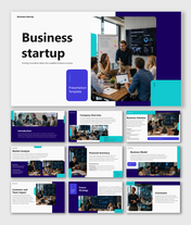 Business startup presentation template highlighting company growth, market analysis, financial planning, and strategy.