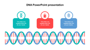 Biology themed template featuring a DNA double helix with three labeled sections in teal, red, and blue.