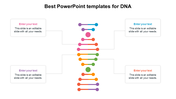 Central DNA illustration using bright colors, flanked by four text boxes for information.