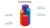 3D illustration with four vertical sections in purple, orange, red, and blue, each with an text box and caption.