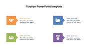 Traction PowerPoint template with four colorful icons representing handshake, folder, group, and medal with placeholder text.