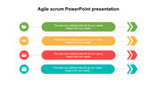 Agile Scrum PowerPoint presentation slide with four sections, each featuring an icon and a colored arrow.